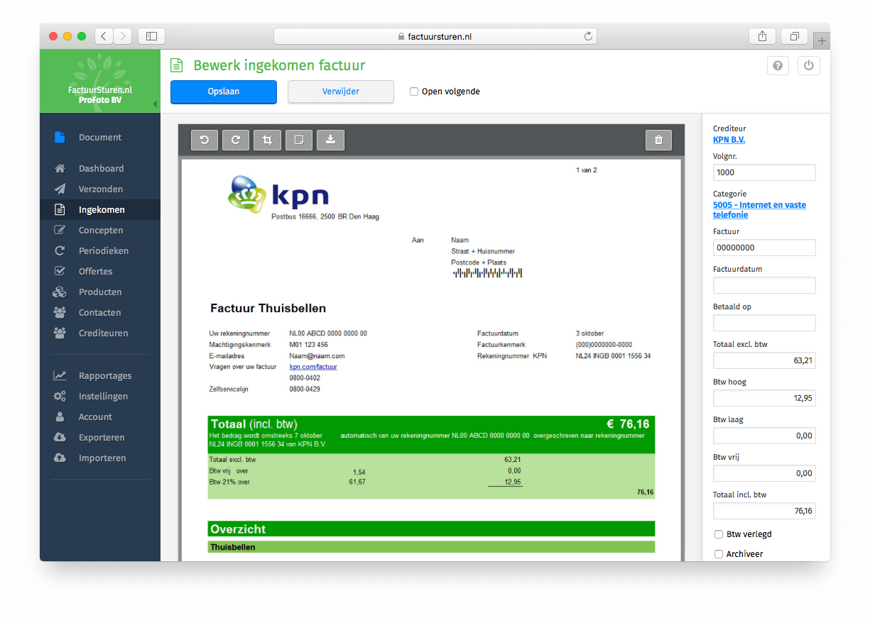 Schermafbeelding van een factuur die ingeboekt wordt op FactuurSturen.nl