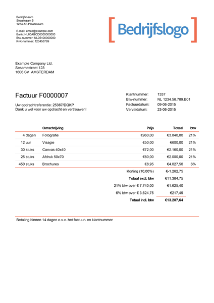 Factuurvoorbeeld sjabloon met alle vereiste informatie